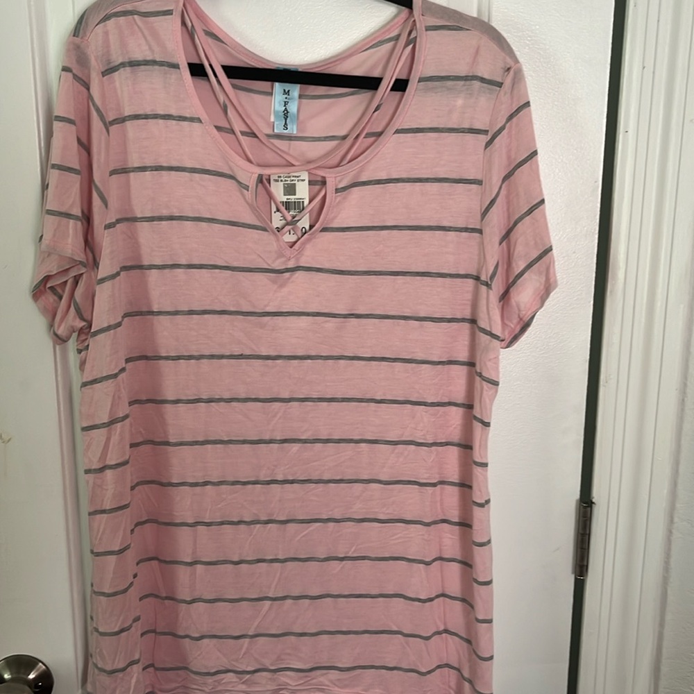 Women’s Plus Size Blush Pink/Gray Striped  Cage Front Short Sleeve T-Shirt